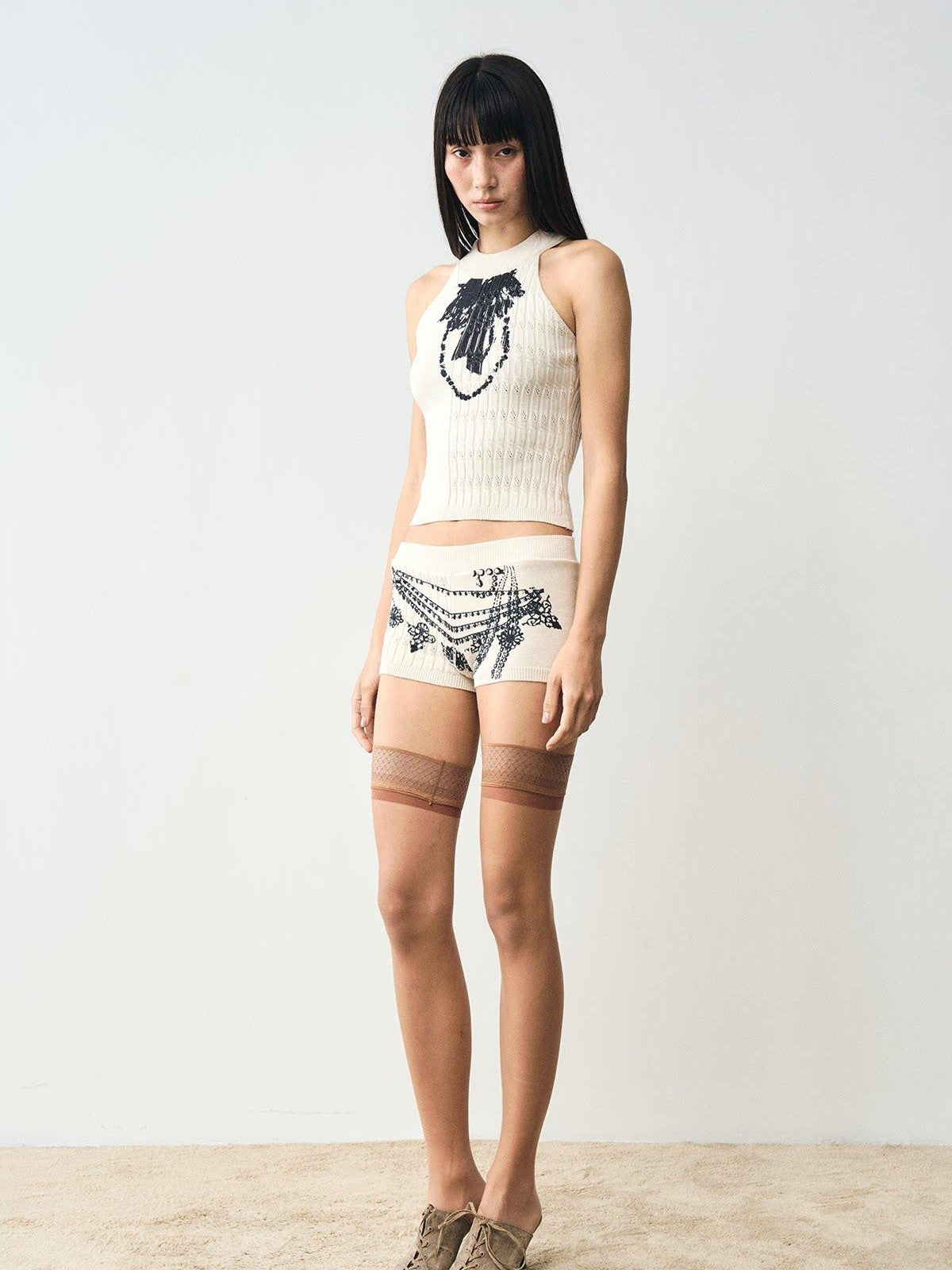 popoop Beige Cable Knit Patchwork Washed Print Women&