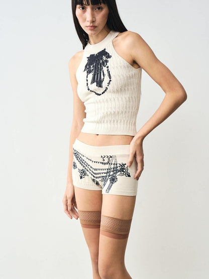 popoop Beige Cable Knit Patchwork Washed Print Women&