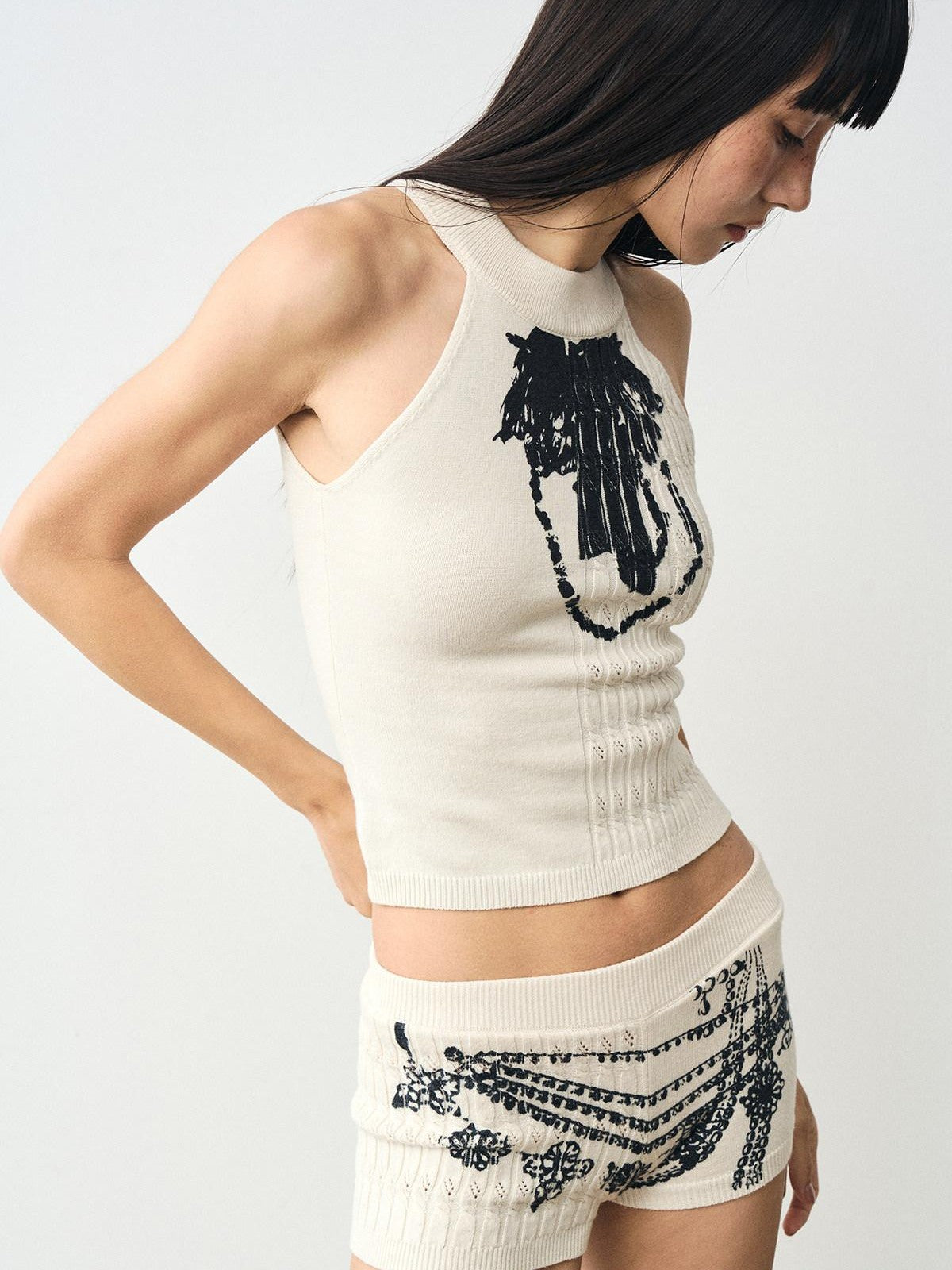 popoop Beige Cable Knit Patchwork Washed Print Women&