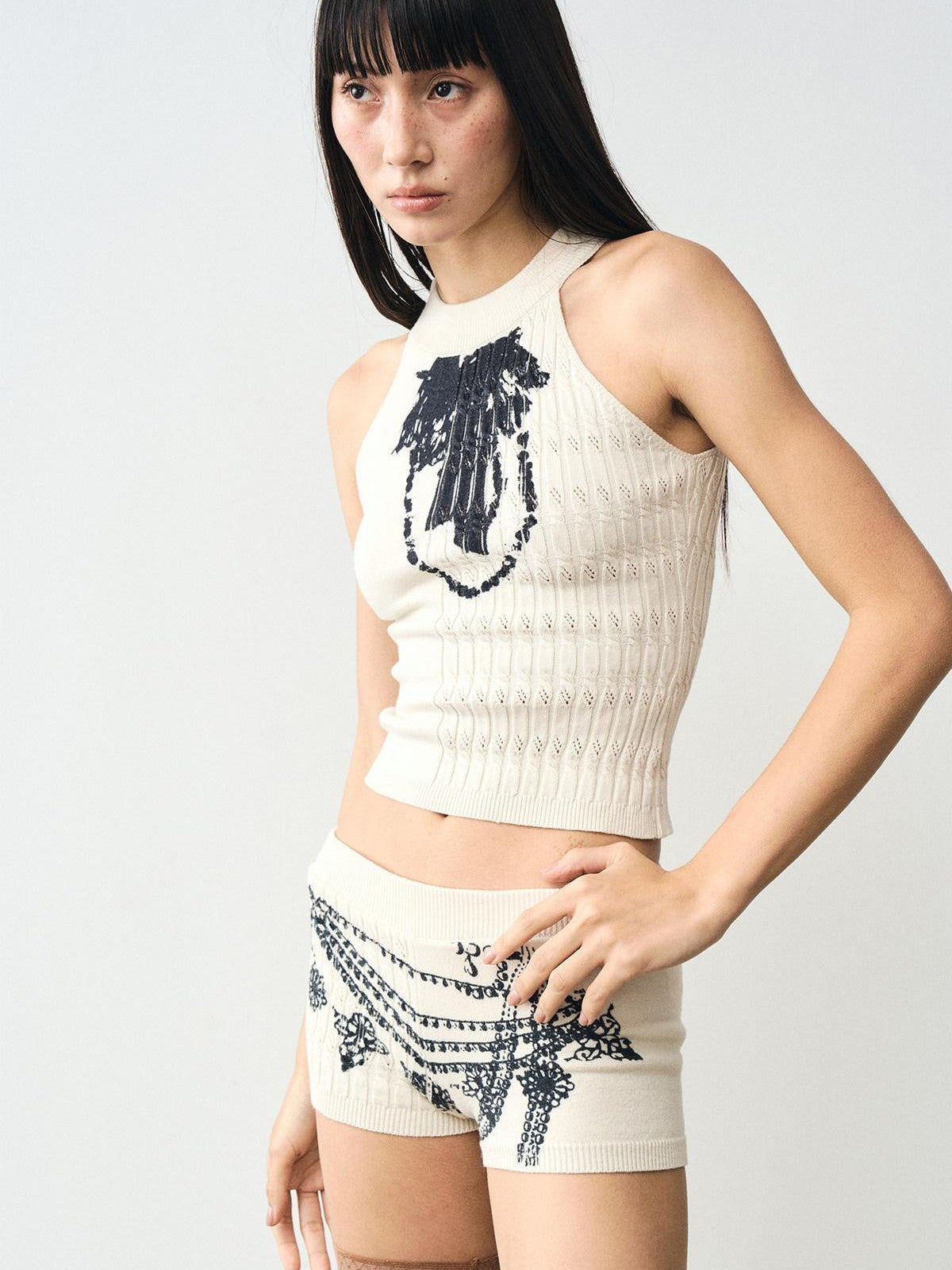 popoop Beige Cable Knit Patchwork Washed Print Women&