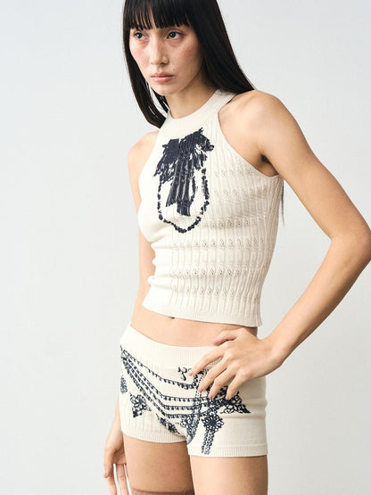 popoop Beige Cable Knit Patchwork Washed Print Women&