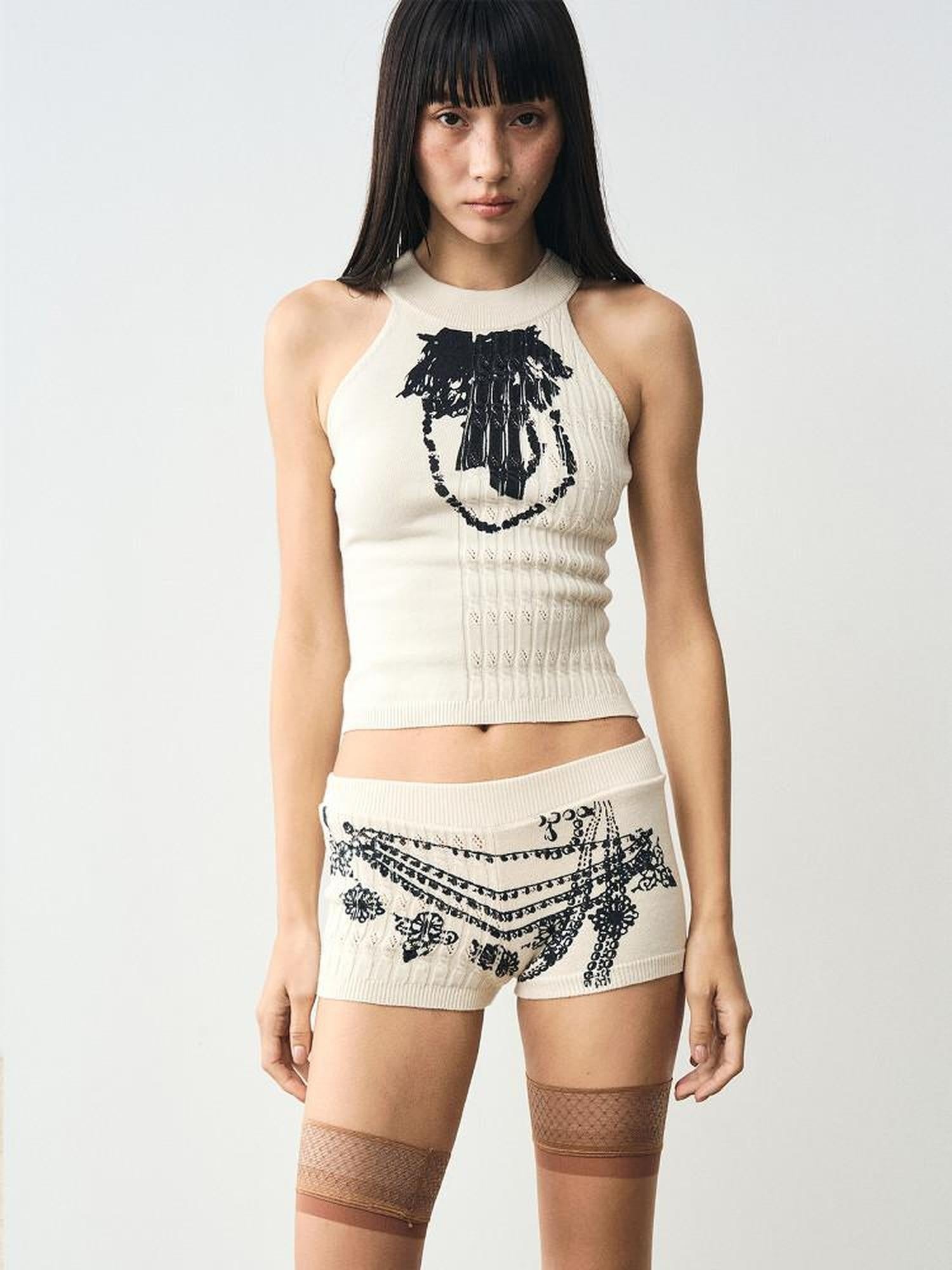 popoop Beige Cable Knit Patchwork Washed Print Women&