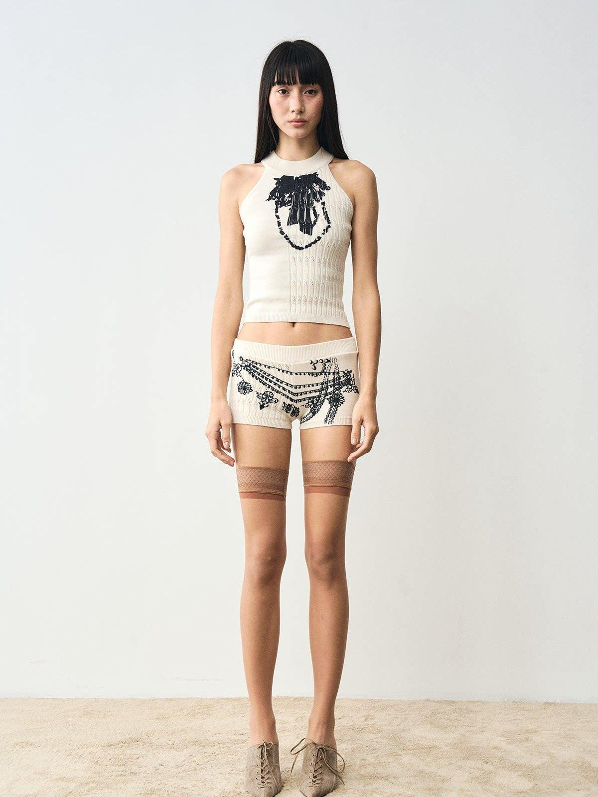popoop Beige Cable Knit Patchwork Washed Print Women&