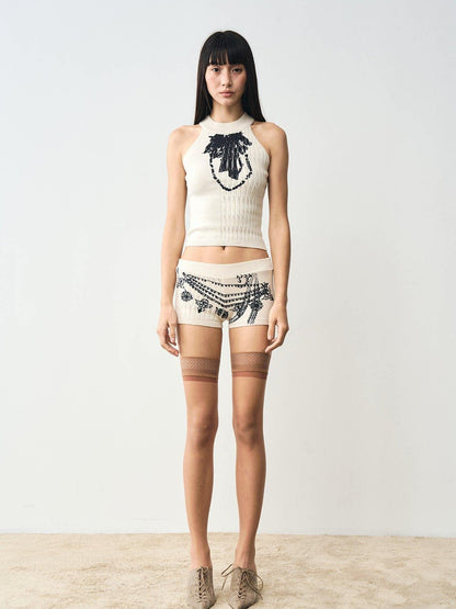 popoop Beige Cable Knit Patchwork Washed Print Women&