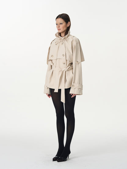 popoop Beige Double Breasted Pleated Stand Collar Waist Tie Loose Women&