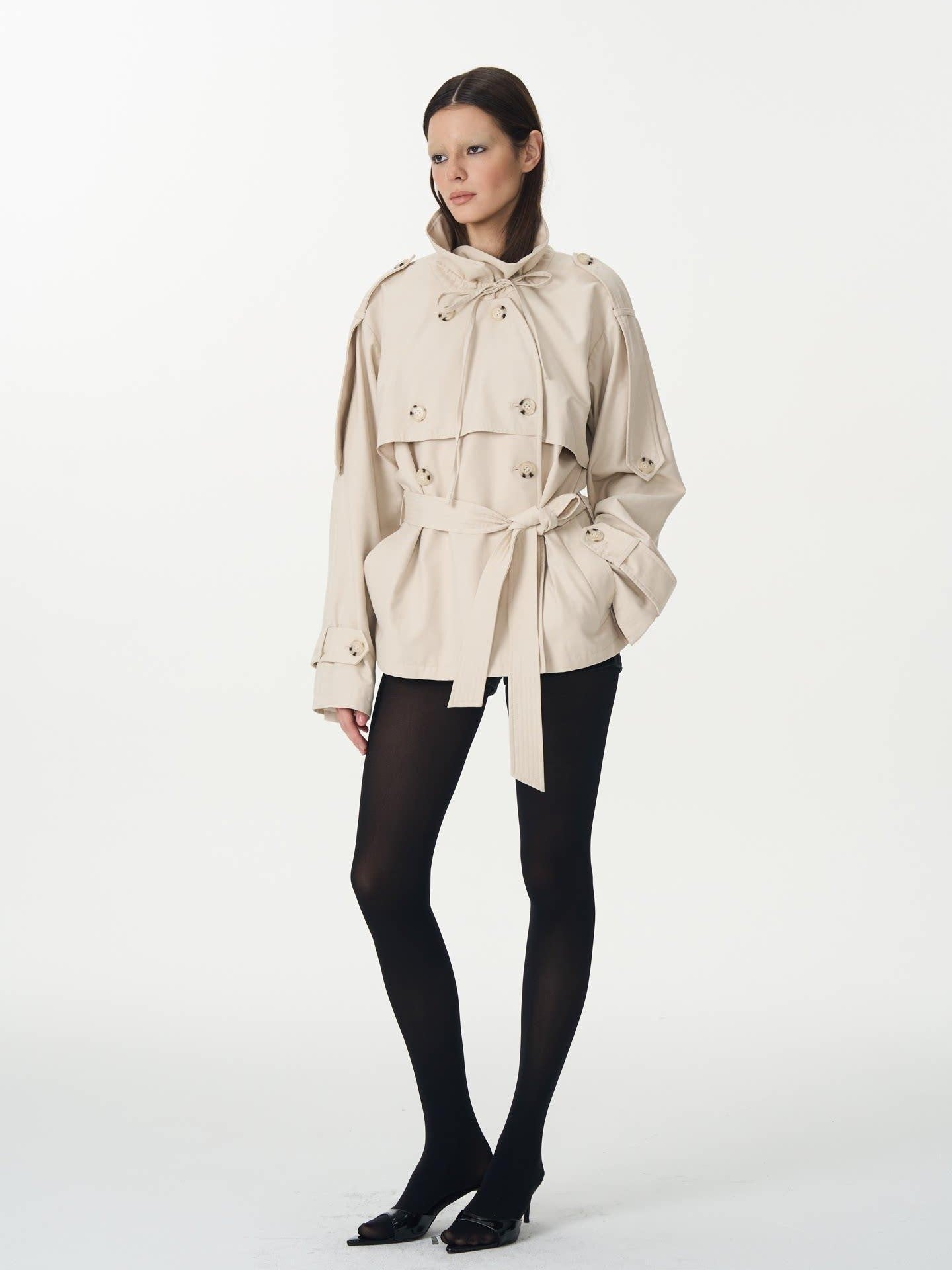 popoop Beige Double Breasted Pleated Stand Collar Waist Tie Loose Women&
