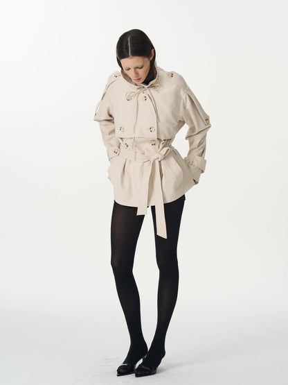 popoop Beige Double Breasted Pleated Stand Collar Waist Tie Loose Women&