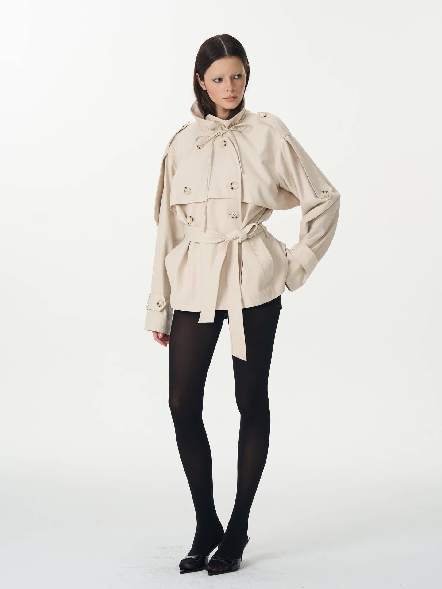 popoop Beige Double Breasted Pleated Stand Collar Waist Tie Loose Women&