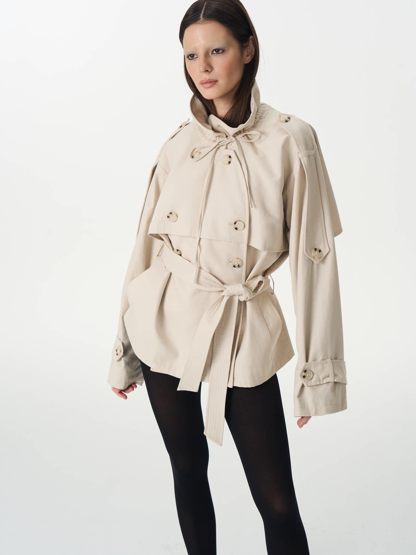 popoop Beige Double Breasted Pleated Stand Collar Waist Tie Loose Women&