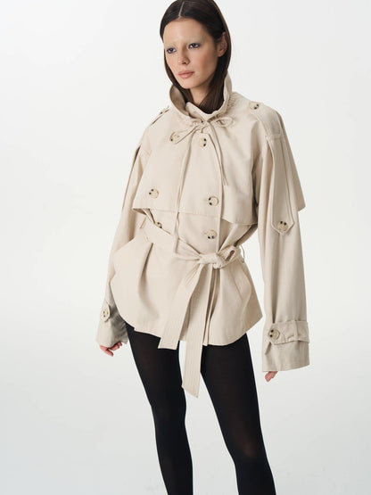 popoop Beige Double Breasted Pleated Stand Collar Waist Tie Loose Women&