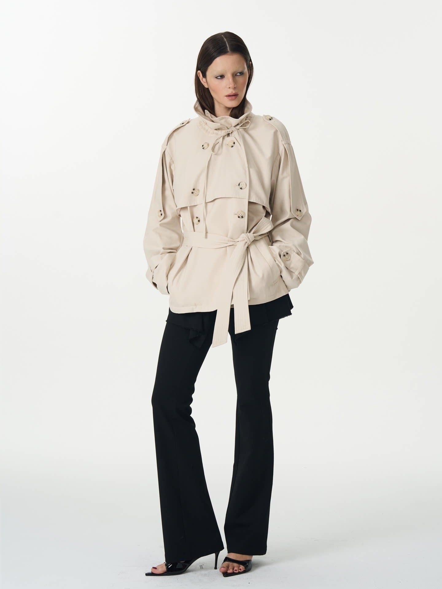 popoop Beige Double Breasted Pleated Stand Collar Waist Tie Loose Women&