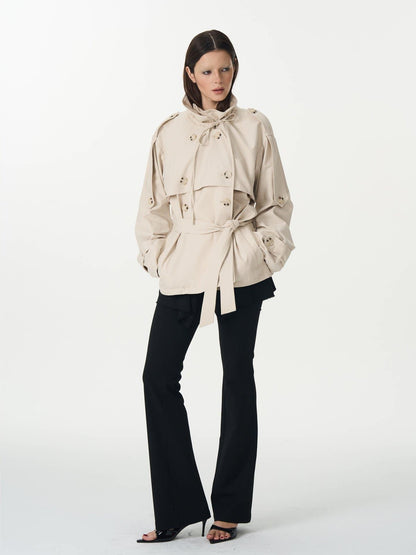 popoop Beige Double Breasted Pleated Stand Collar Waist Tie Loose Women&