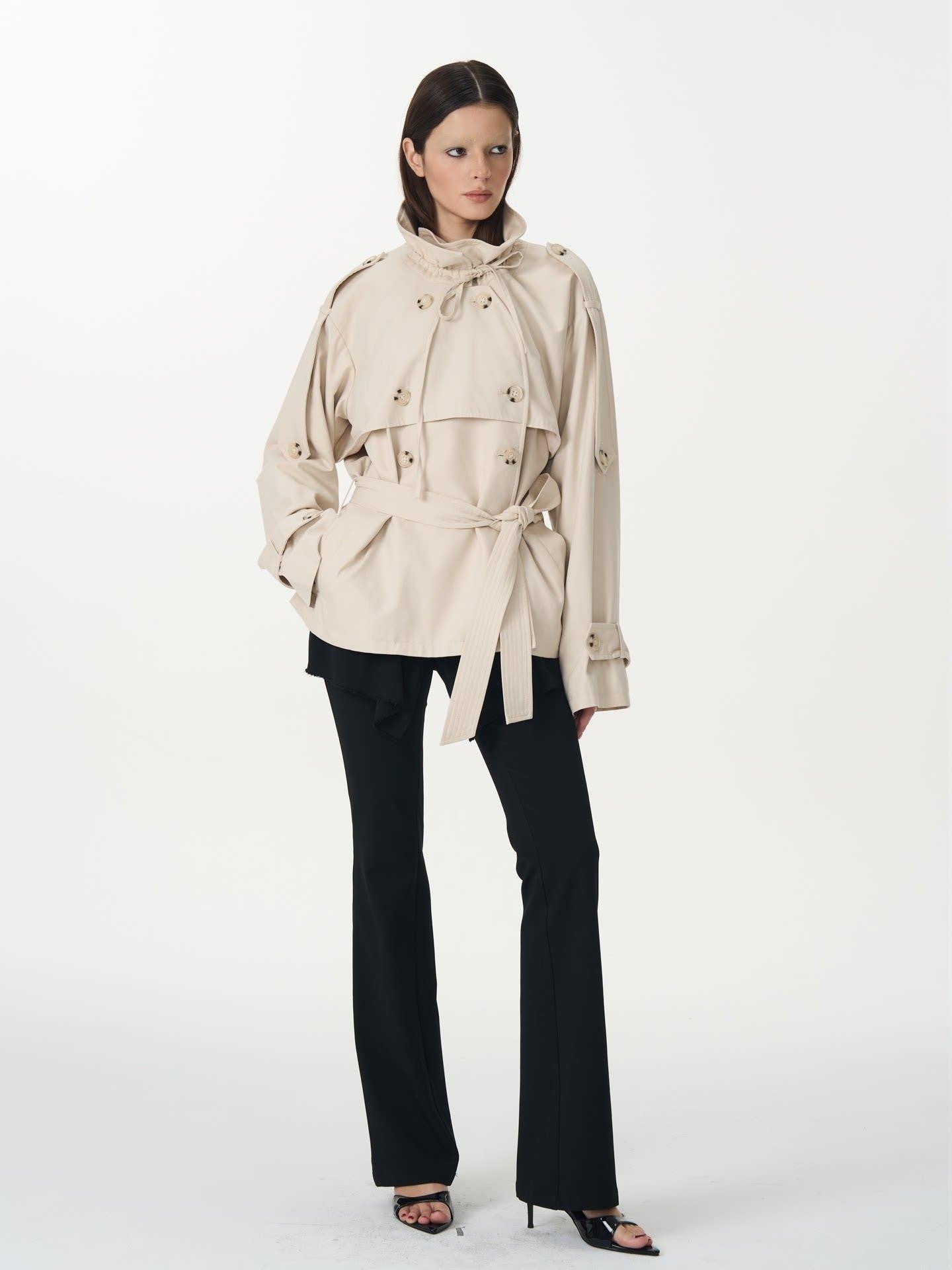 popoop Beige Double Breasted Pleated Stand Collar Waist Tie Loose Women&