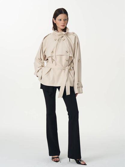 popoop Beige Double Breasted Pleated Stand Collar Waist Tie Loose Women&