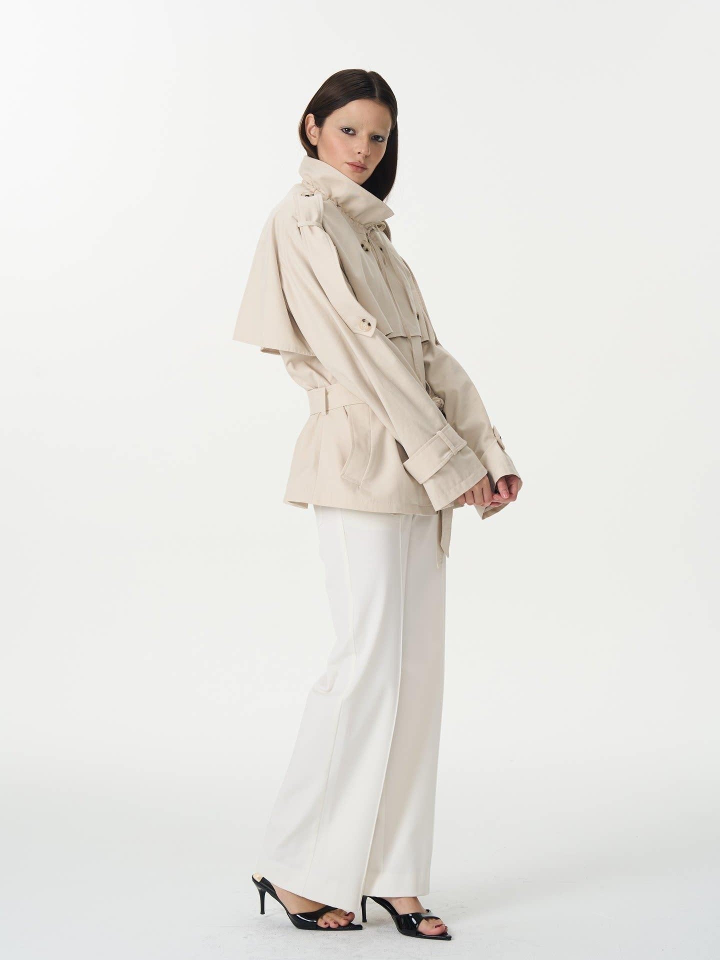popoop Beige Double Breasted Pleated Stand Collar Waist Tie Loose Women&