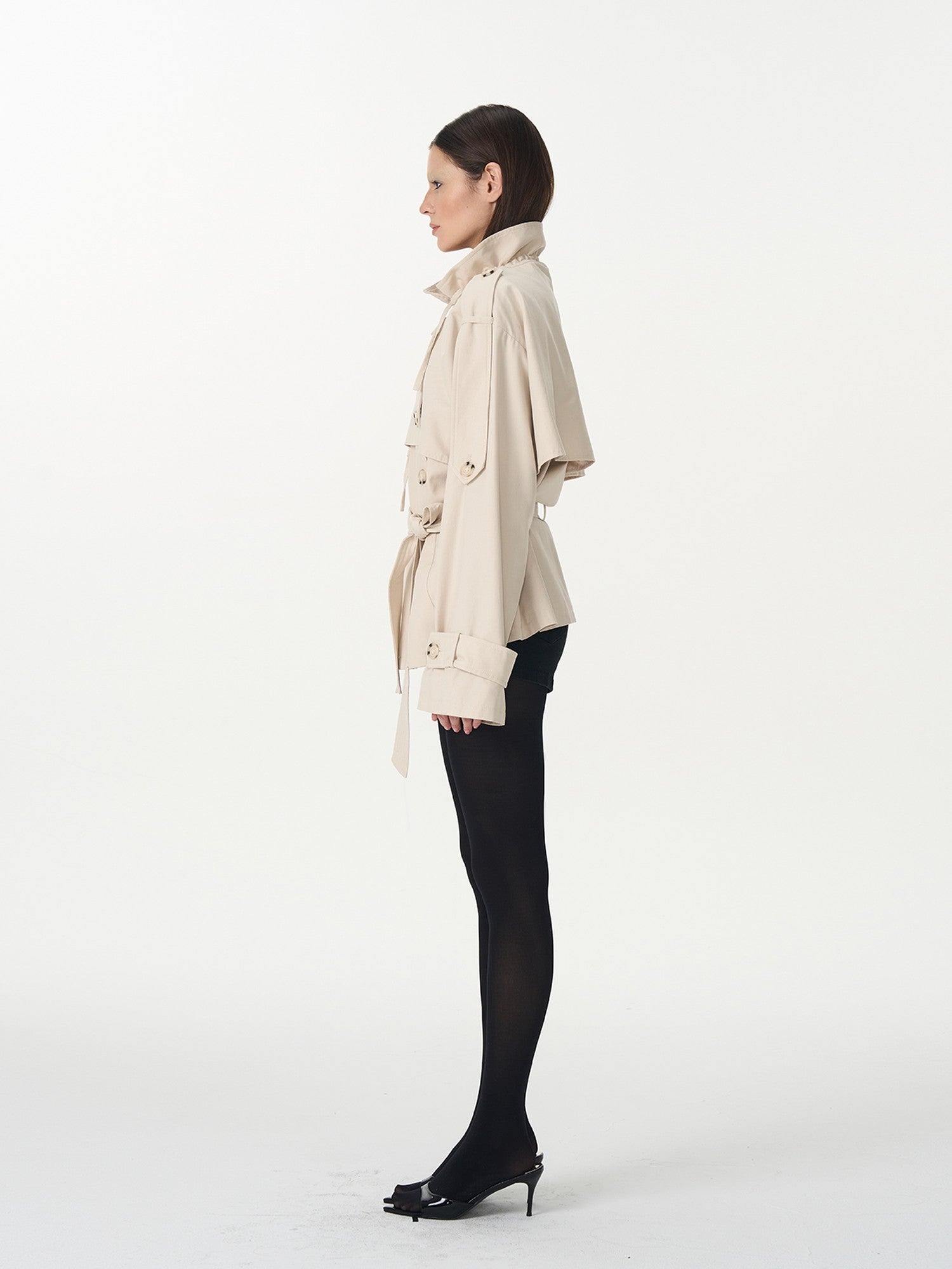 popoop Beige Double Breasted Pleated Stand Collar Waist Tie Loose Women&