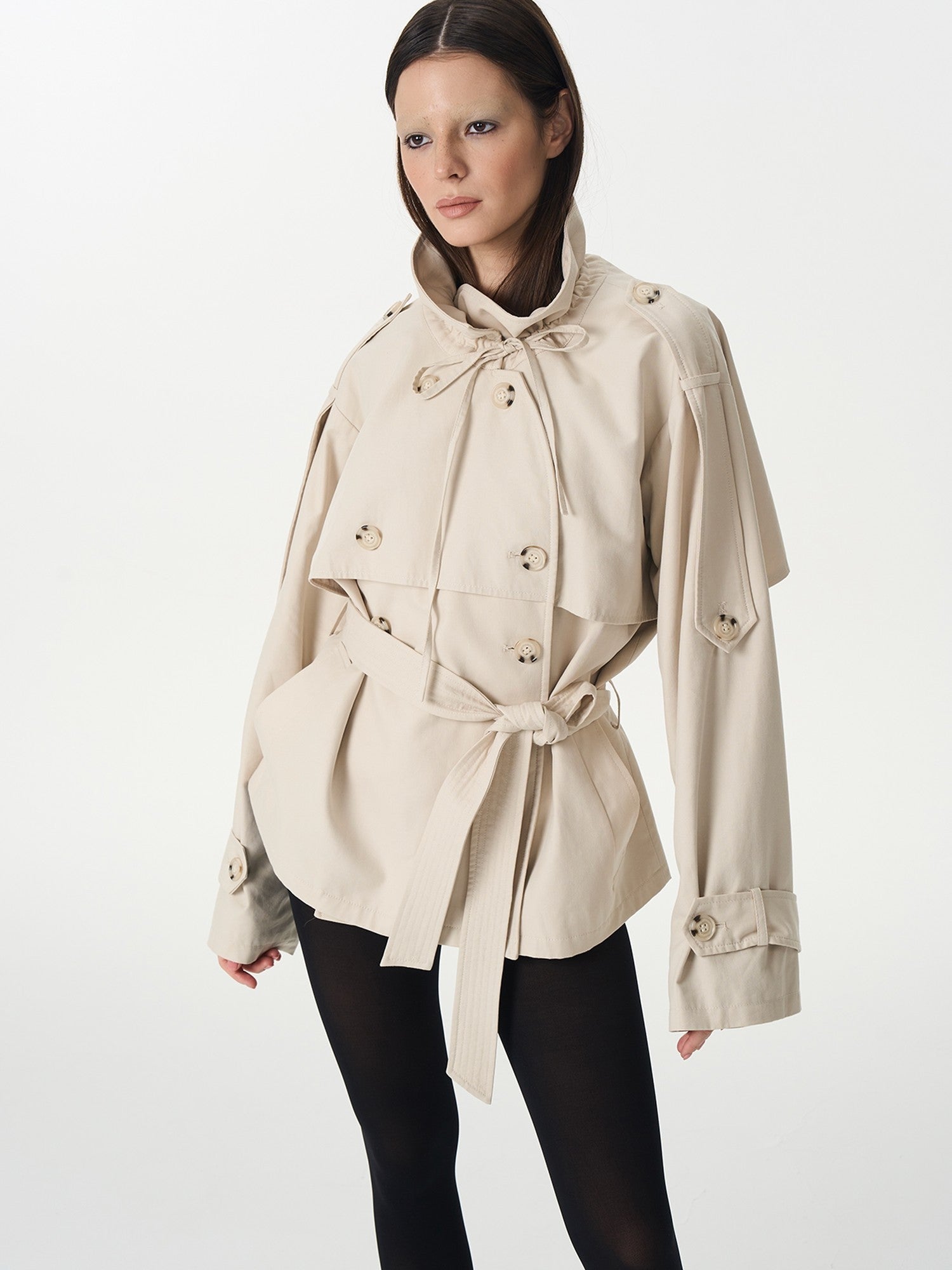 popoop Beige Double Breasted Pleated Stand Collar Waist Tie Loose Women&