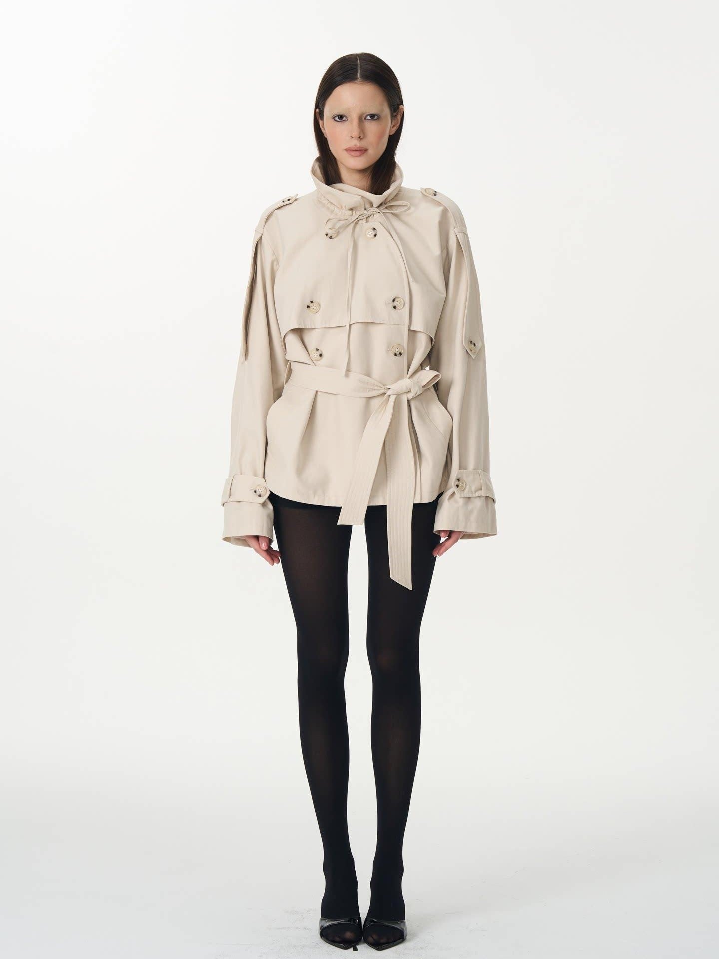 popoop Beige Double Breasted Pleated Stand Collar Waist Tie Loose Women&