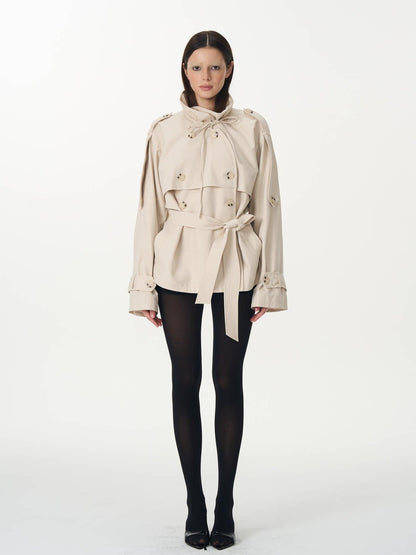 popoop Beige Double Breasted Pleated Stand Collar Waist Tie Loose Women&