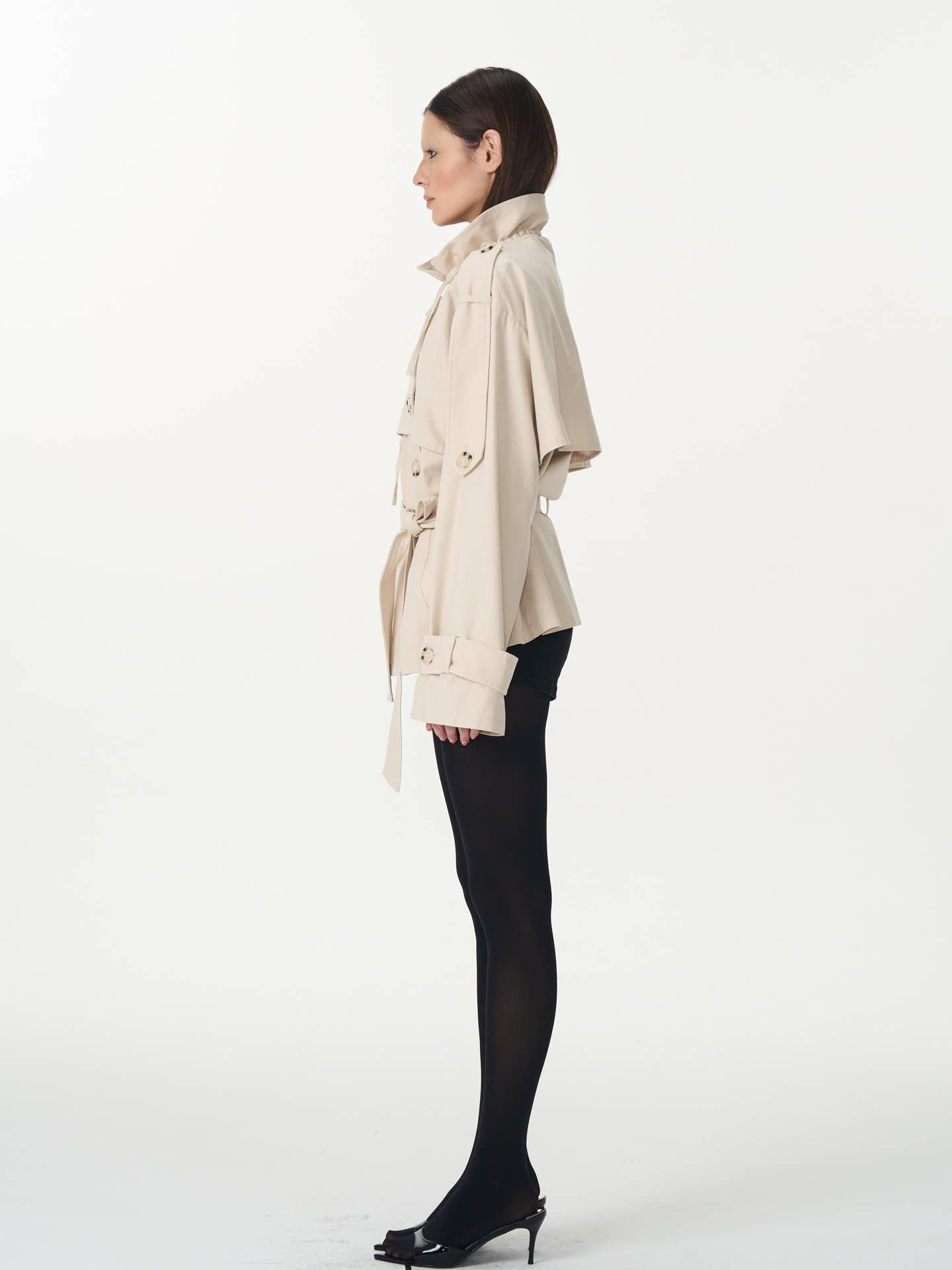 popoop Beige Double Breasted Pleated Stand Collar Waist Tie Loose Women&