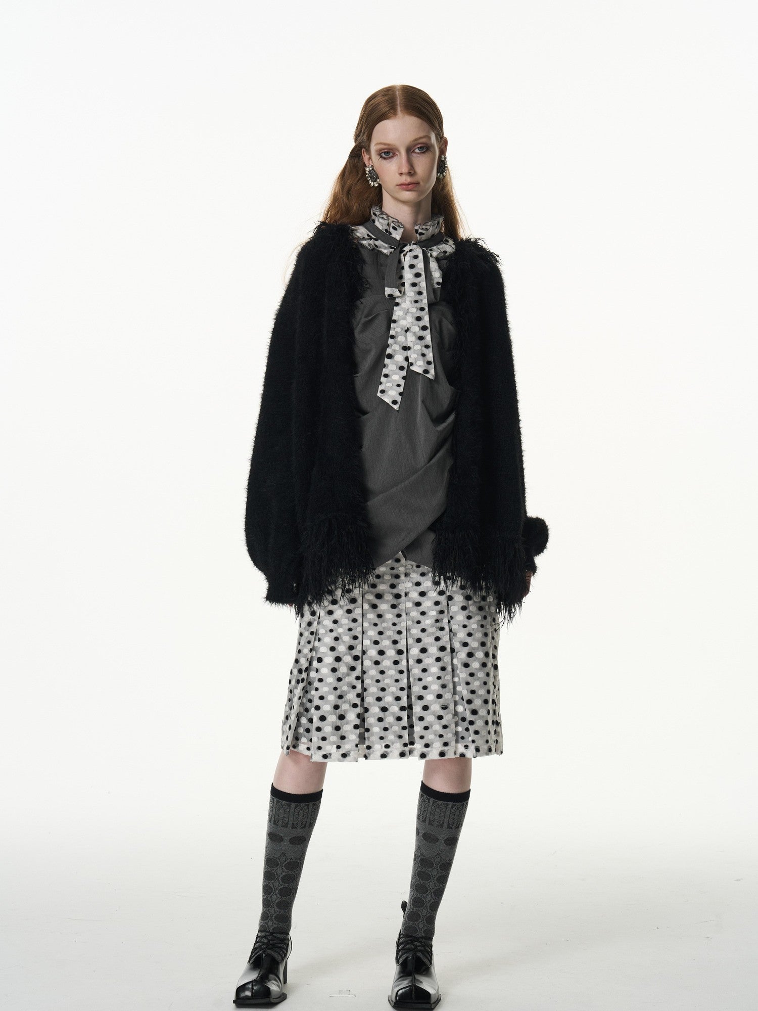 popoop Black And White Polka Dot Jacquard Patchwork Women&
