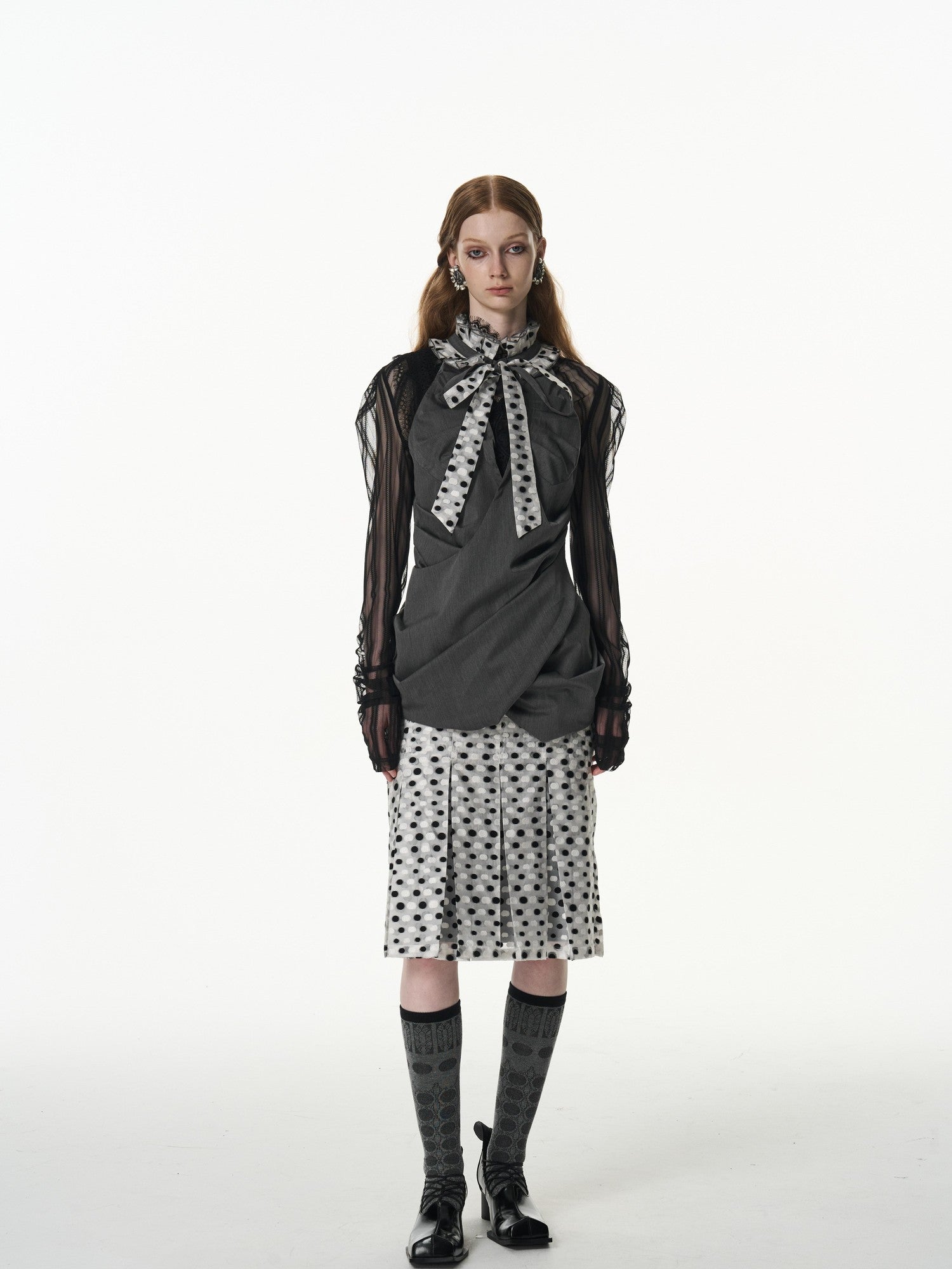 popoop Black And White Polka Dot Jacquard Patchwork Women&