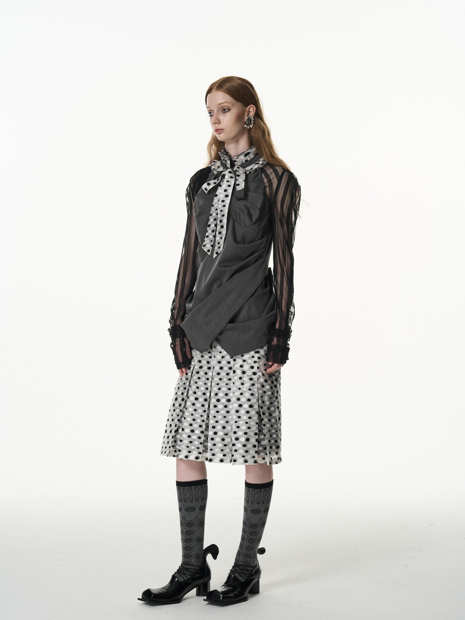 popoop Black And White Polka Dot Jacquard Patchwork Women&