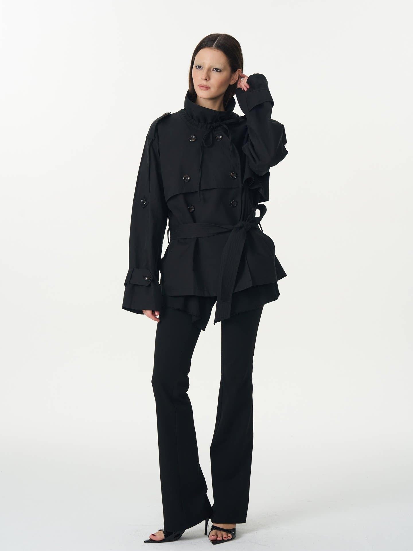 popoop Black Double Breasted Pleated Collar Waist Tie Women&