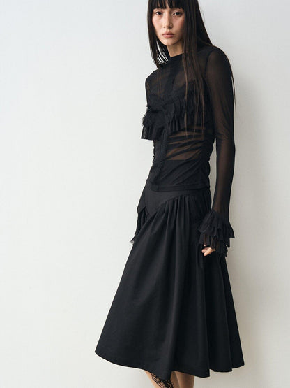 popoop Black Embellished Lace Panel Ruffle Sleeve Women&