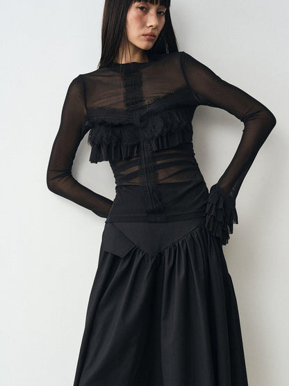 popoop Black Embellished Lace Panel Ruffle Sleeve Women&