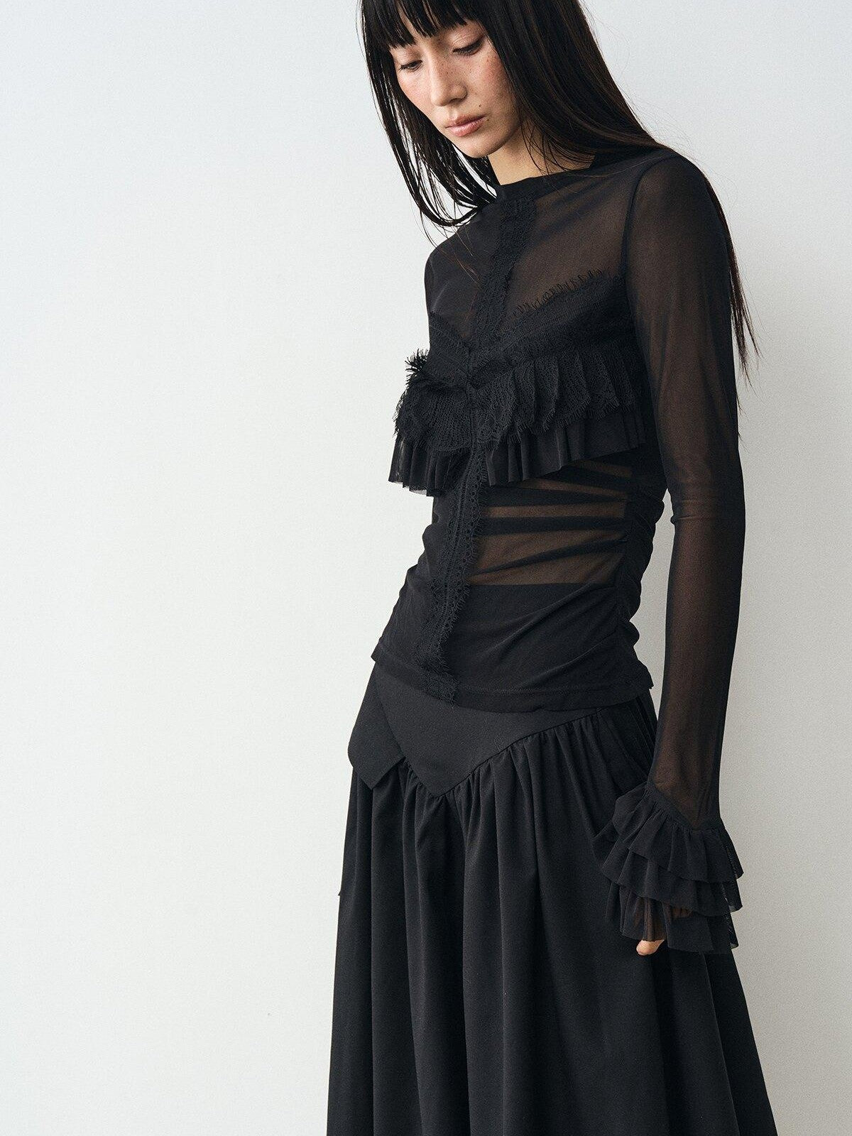 popoop Black Embellished Lace Panel Ruffle Sleeve Women&