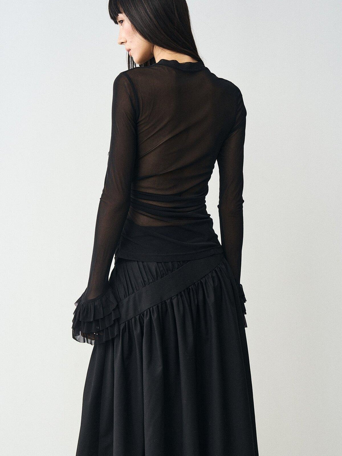 popoop Black Embellished Lace Panel Ruffle Sleeve Women&