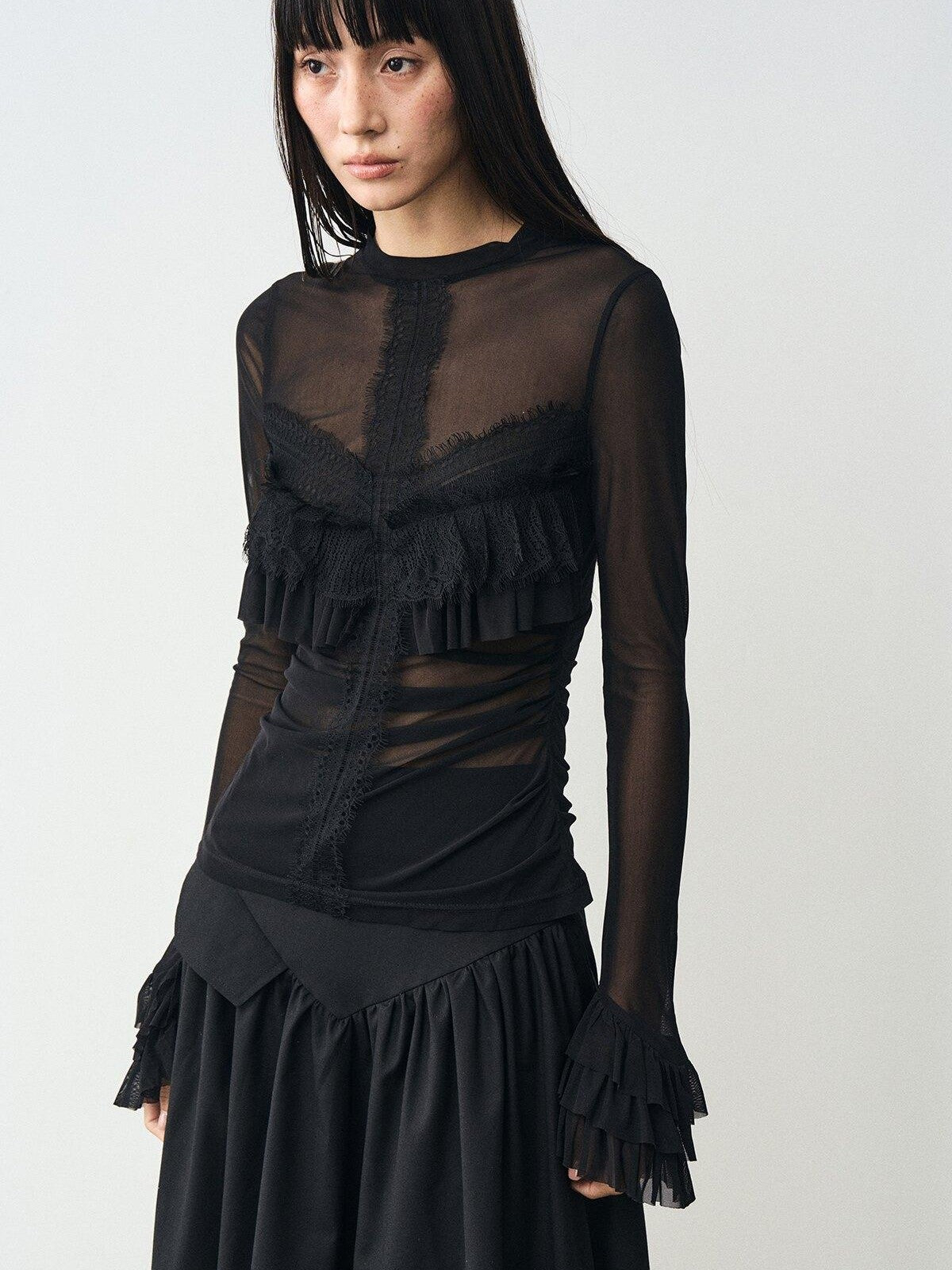 popoop Black Embellished Lace Panel Ruffle Sleeve Women&