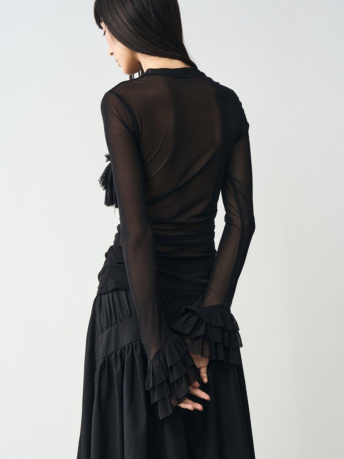 popoop Black Embellished Lace Panel Ruffle Sleeve Women&