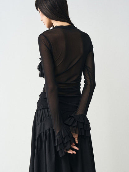 popoop Black Embellished Lace Panel Ruffle Sleeve Women&