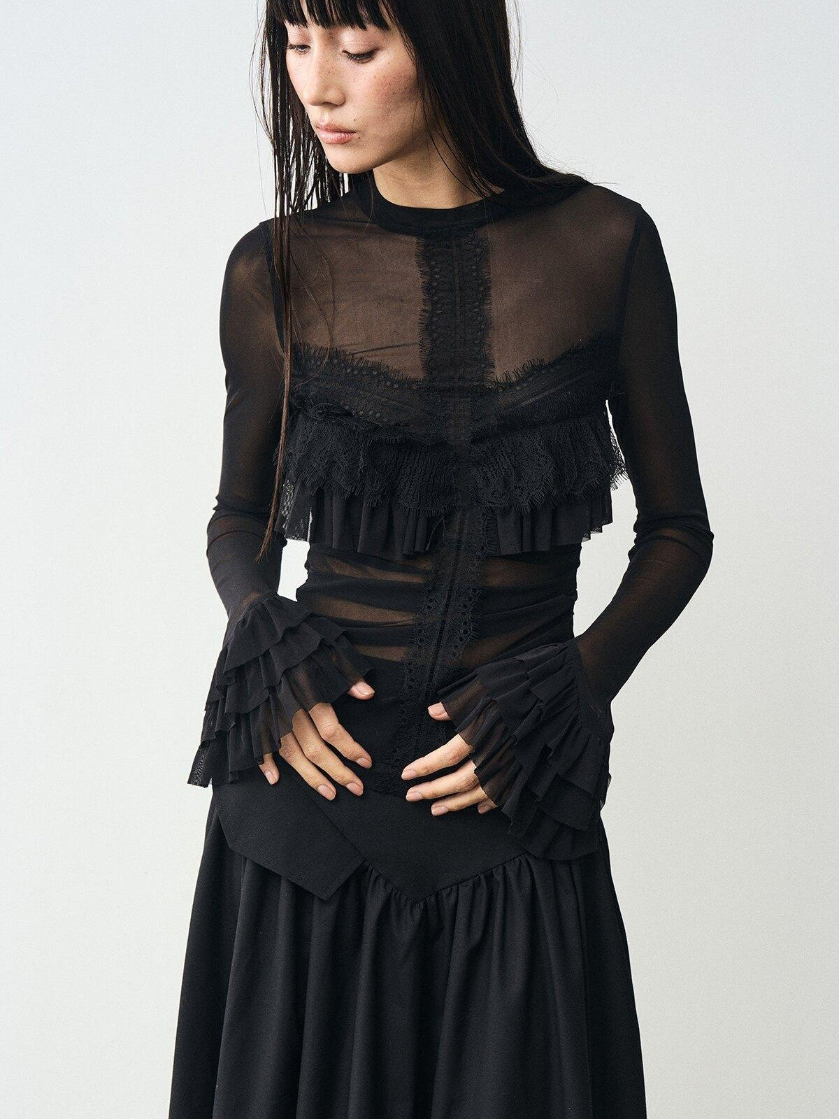 popoop Black Embellished Lace Panel Ruffle Sleeve Women&