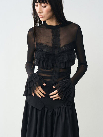 popoop Black Embellished Lace Panel Ruffle Sleeve Women&