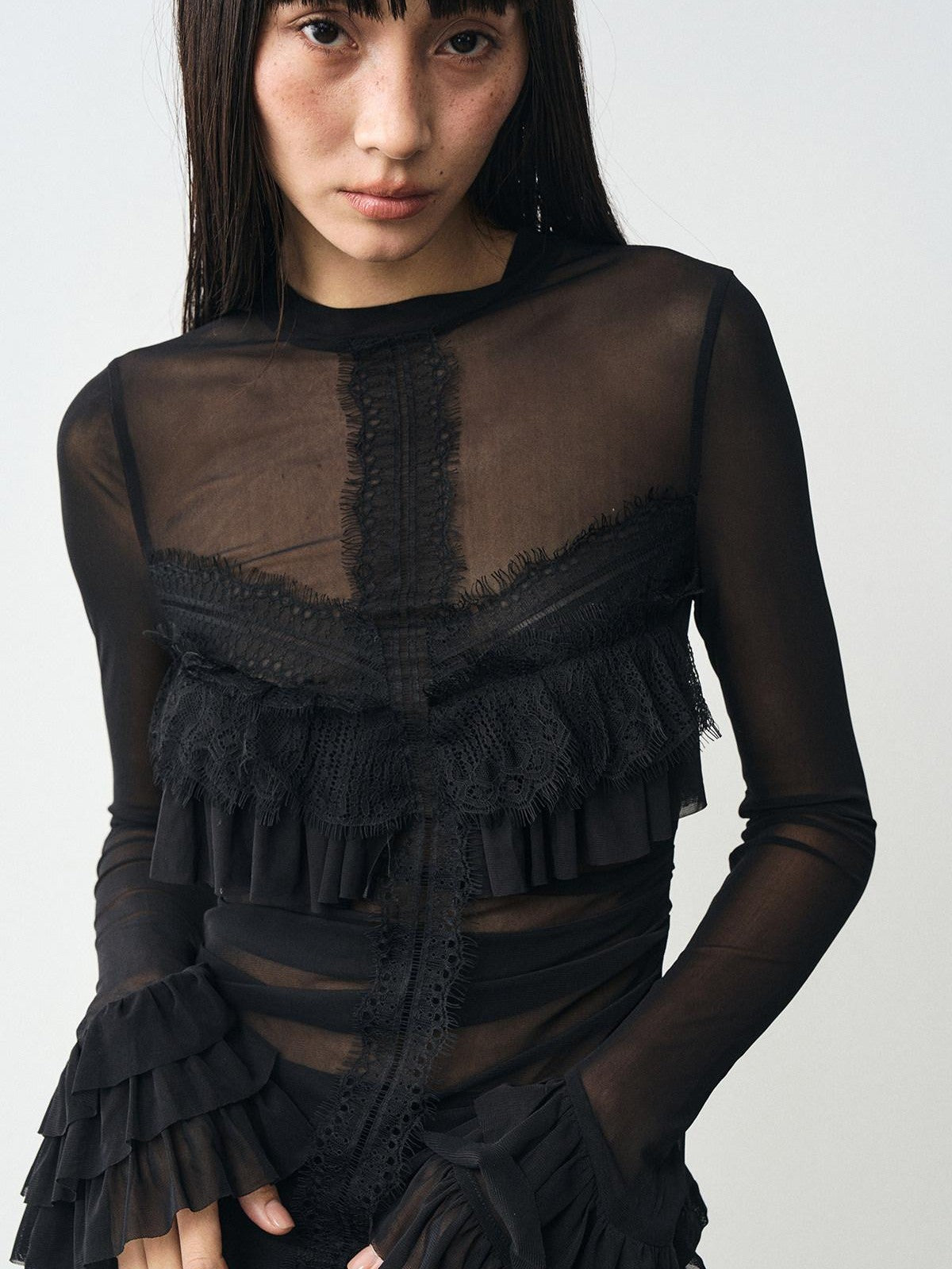 popoop Black Embellished Lace Panel Ruffle Sleeve Women&