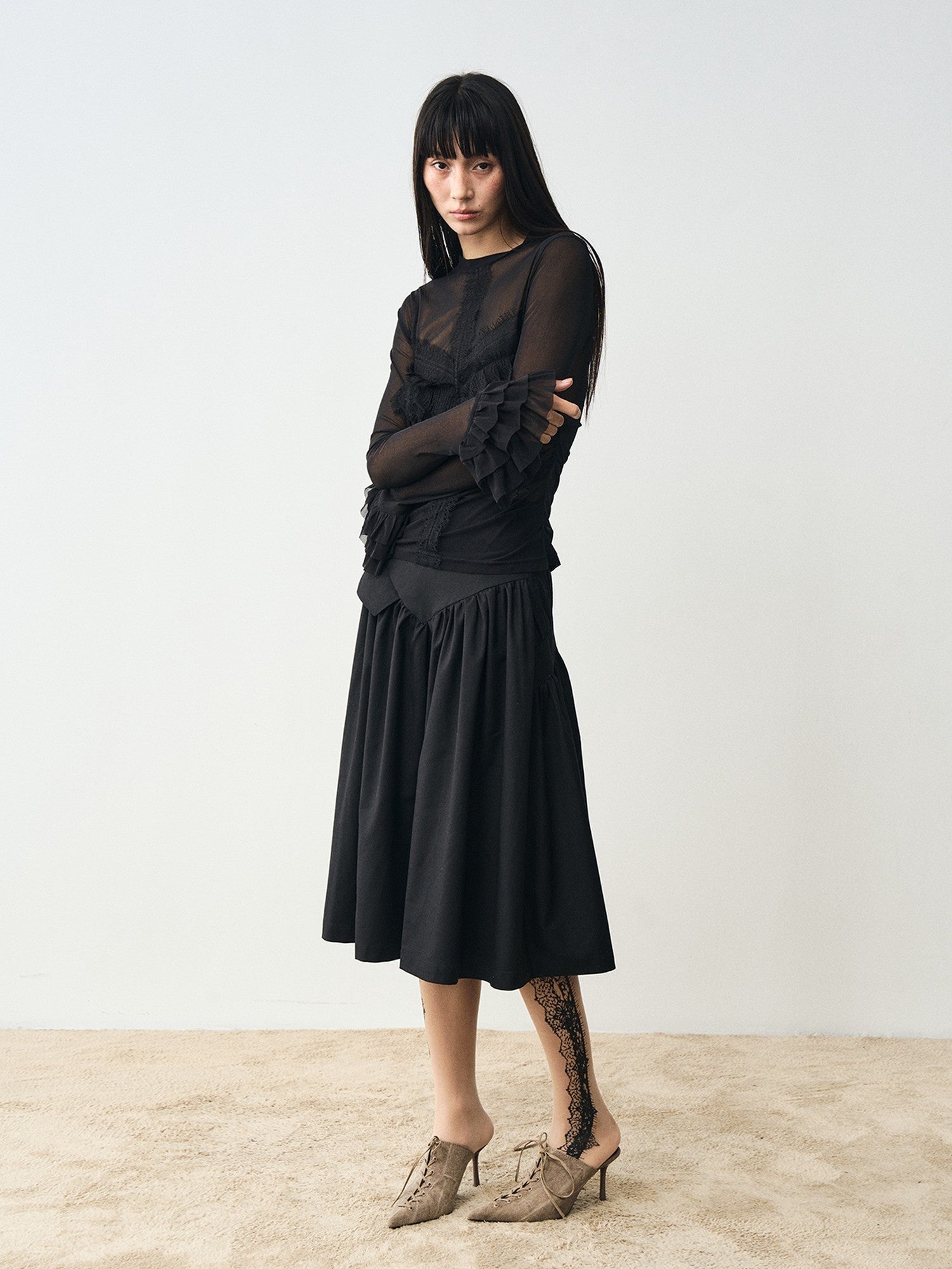 popoop Black Embellished Lace Panel Ruffle Sleeve Women&