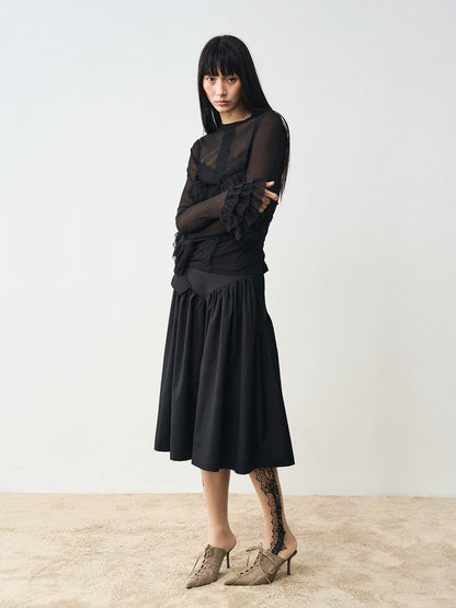 popoop Black Embellished Lace Panel Ruffle Sleeve Women&