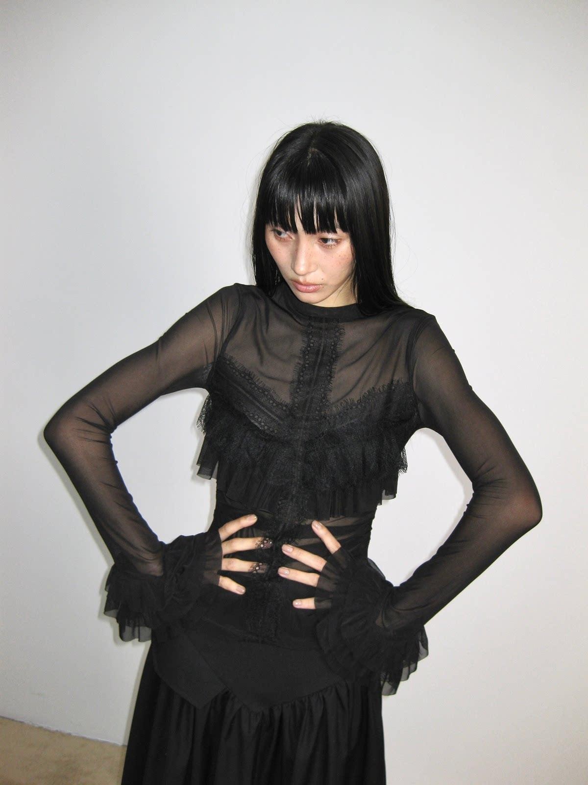 popoop Black Embellished Lace Panel Ruffle Sleeve Women&