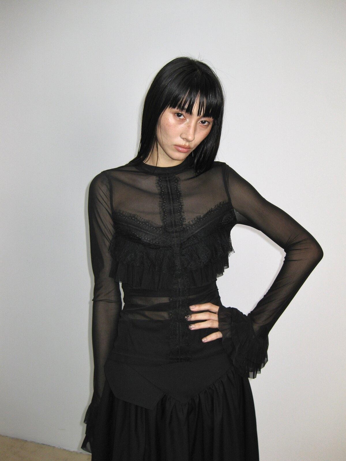 popoop Black Embellished Lace Panel Ruffle Sleeve Women&