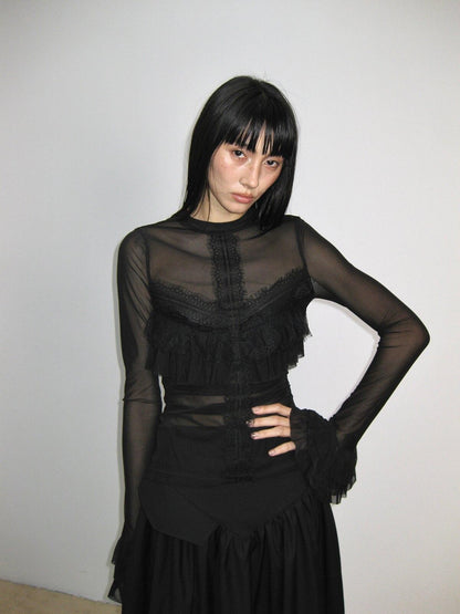 popoop Black Embellished Lace Panel Ruffle Sleeve Women&