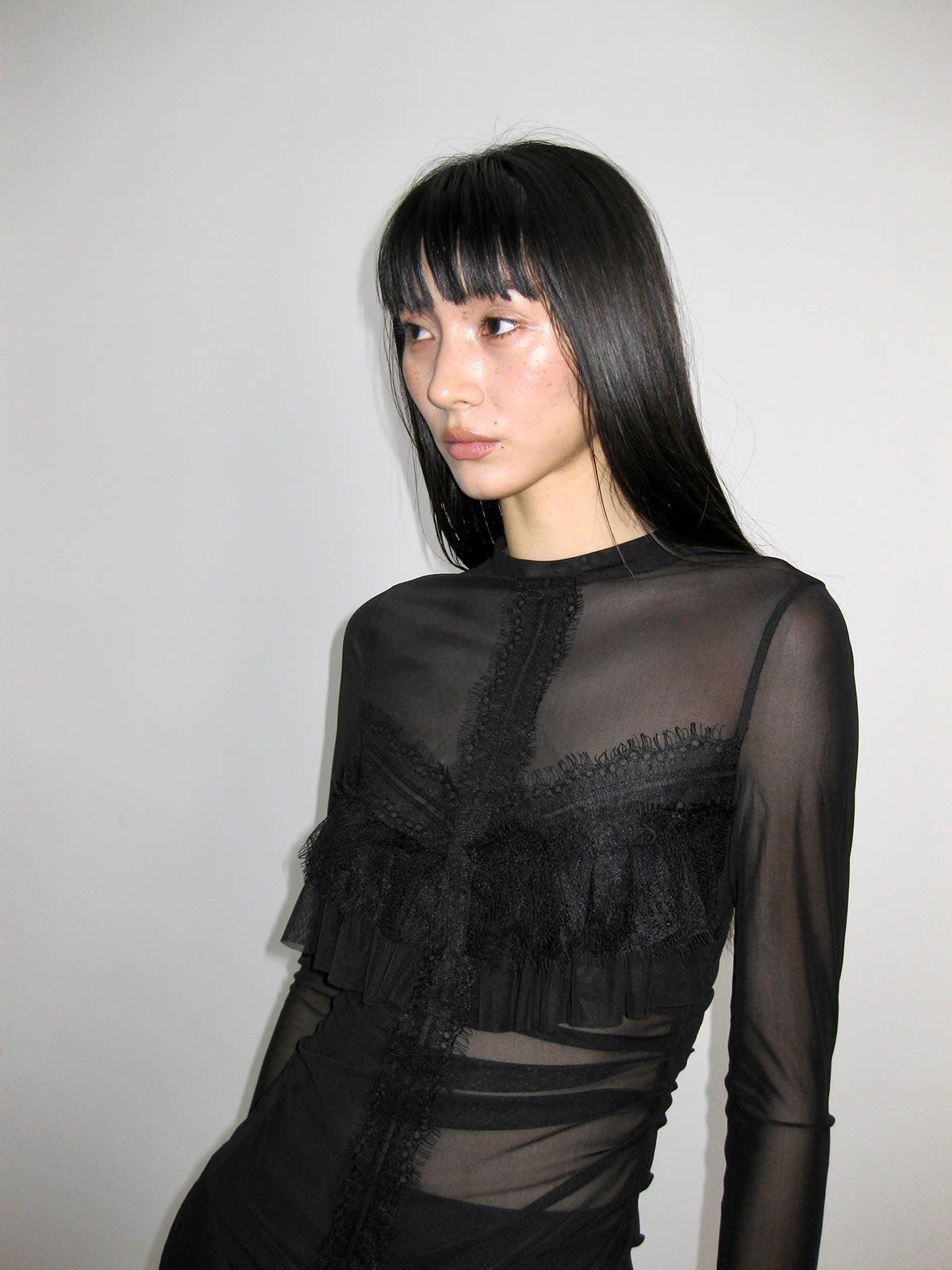 popoop Black Embellished Lace Panel Ruffle Sleeve Women&