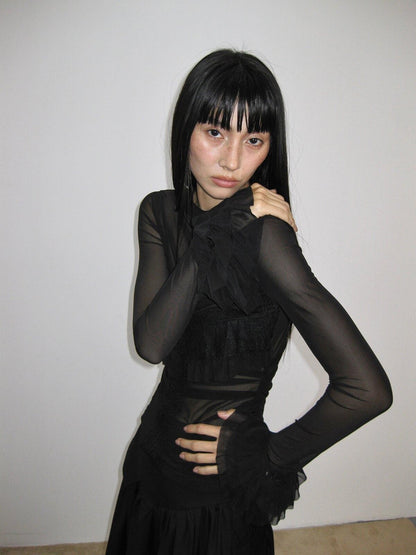 popoop Black Embellished Lace Panel Ruffle Sleeve Women&