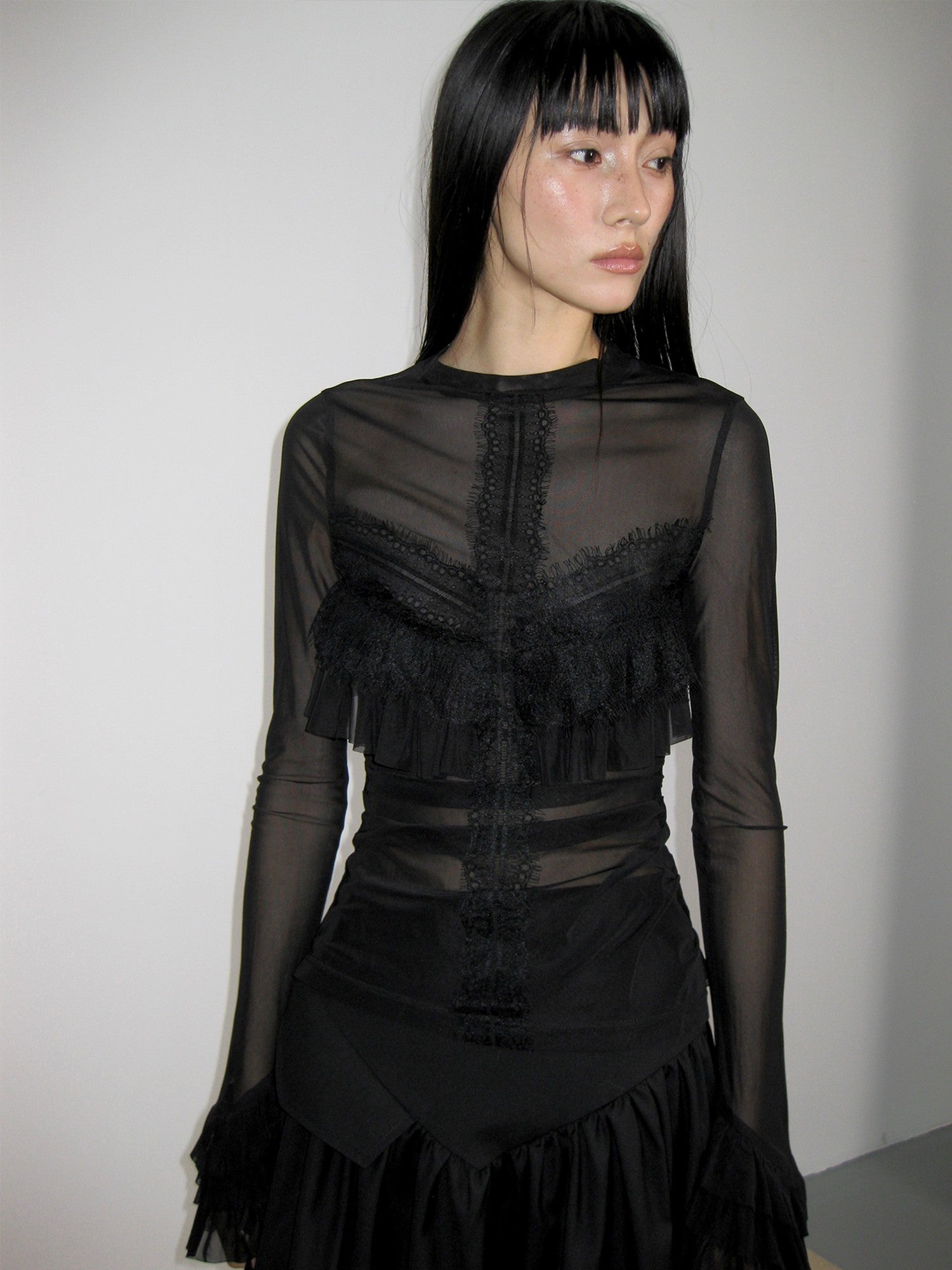 popoop Black Embellished Lace Panel Ruffle Sleeve Women&