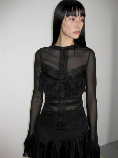 popoop Black Embellished Lace Panel Ruffle Sleeve Women&
