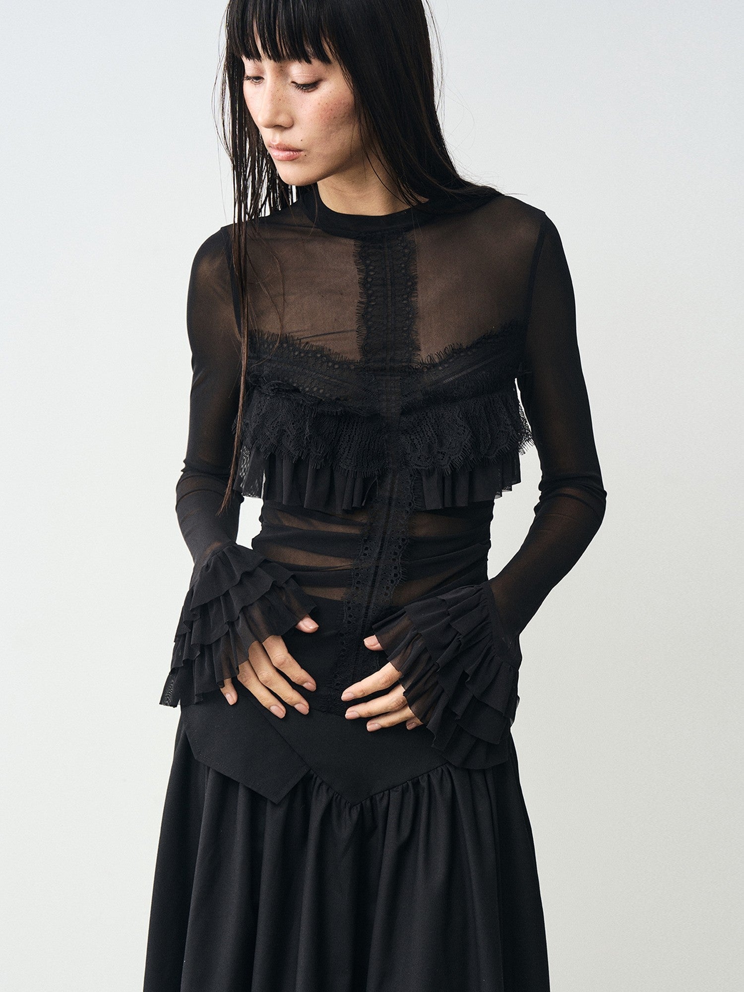 popoop Black Embellished Lace Panel Ruffle Sleeve Women&
