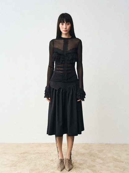 popoop Black Embellished Lace Panel Ruffle Sleeve Women&