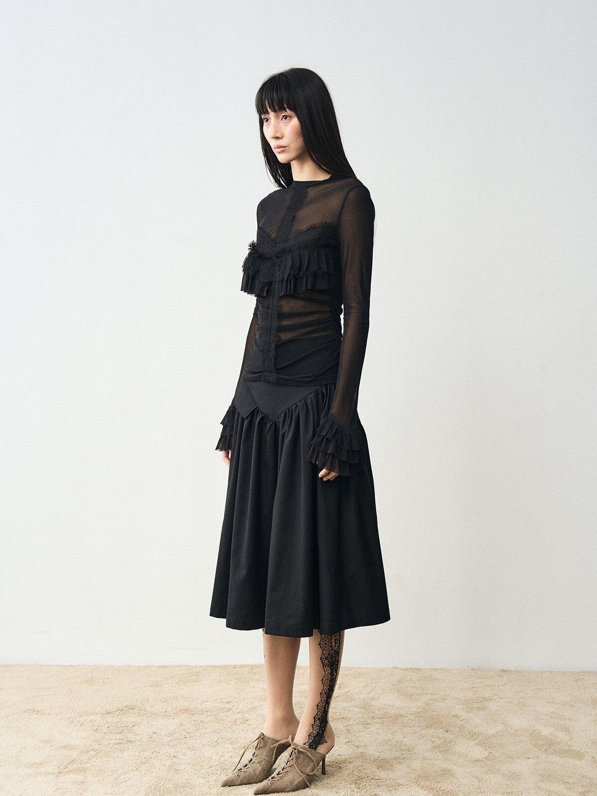 popoop Black Embellished Lace Panel Ruffle Sleeve Women&